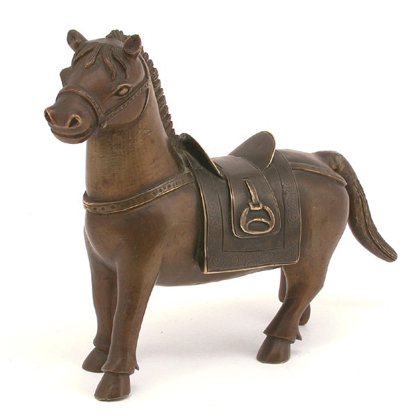 Chinese Bronze Of Mongolian Horse: HORSE. Nice Chinese bronze figure of a Mongolian horse, saddled and bridled, late 19th. century, early 20th. century, good condition, repair to top of tail, 7 1/4" t.