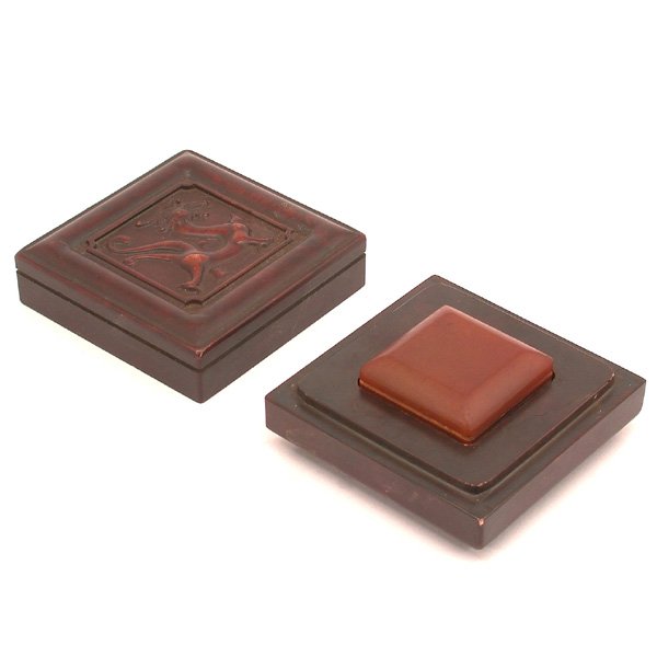 Chinese 'Tianhuang' Stone Seal w/Soapstone Box: SEAL. Chinese 'Tianhuang' Stone Seal w/Soapstone Box, the golden cinnamon colored square seal with tapered flat top and incised inscription on one side 'Jin Chen' (possibly Jin Chen, 1878-1926) and st