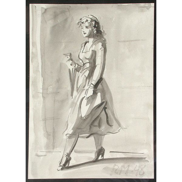 Reginald Marsh Drawing, Young Lady In N.Y. '48: DRAWING. Reginald Marsh, Young Lady in N.Y., water color, pen and ink, signed lower right RM and dated '48, good condition, 10" x 7".