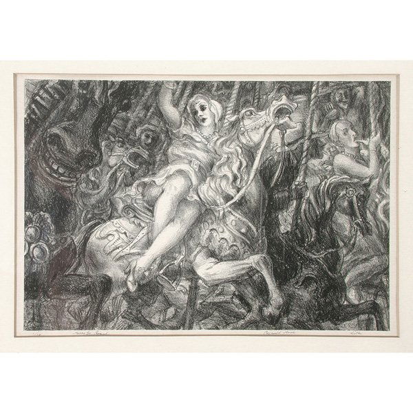 Reginald Marsh Print, Merry Go Round, 1931: PRINT. Reginald Marsh, Merry Go Round, lithograph, titled & signed in margin "Merry Go Round 1/10" and "Reginald Marsh, litho" also signed and dated 1931 in plate, good condition, 8 3/4" x 12 1/2".