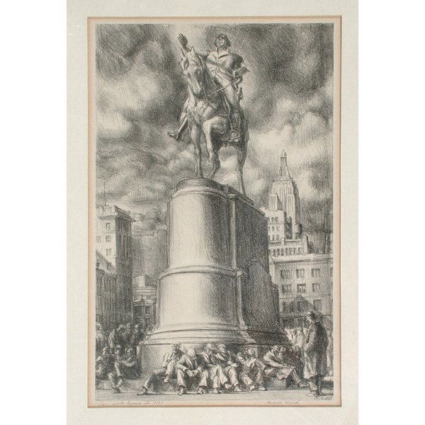 Reginald Marsh Print, Union Square 1933: PRINT. Reginald Marsh, Union Square 1933, lithograph, signed in plate, "R.M. '33", signed by hand in margin with title, date and number 1/2, good condition, 14 1/4" x 9 1/8" viewed.