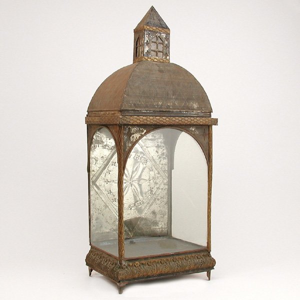 19th. C. Cathedral Candle Lantern, Tole: LANTERN. Early 19th century tole candle lantern in the form of a cathedral with blue "slate" roof and "tiled" floor with etched floral windows, good condition, 13 1/8" w x 9" d x 33" t.