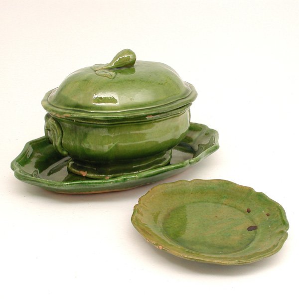 French Faience; Green Covered Dish, Platter Etc.