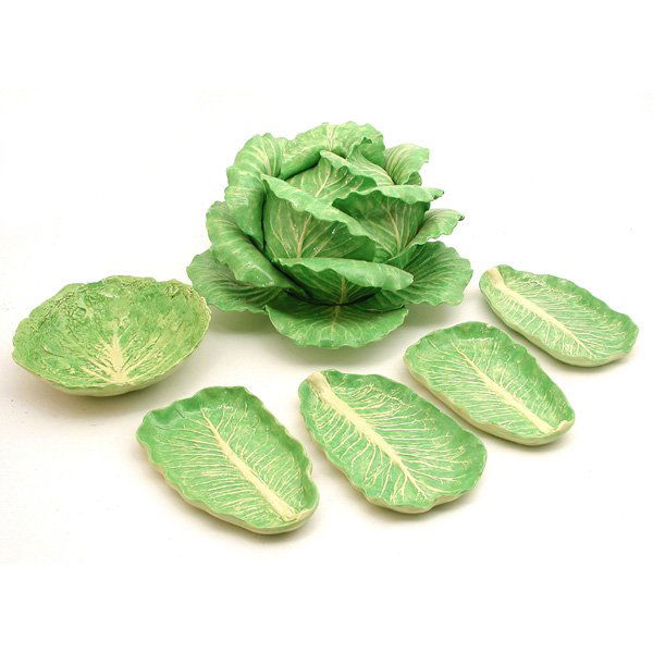 Dodie Thayer Lettuce Leaf Tureen, Underplate, Bowl: POTTERY. Dodie Thayer Lettuce Ware Leaf Pottery, 7 pieces including a soup tureen in the form of a lettuce head, 14" diameter x 9" tall; its underplate, 16" diameter; a 9 1/2" diameter leaf salad bowl