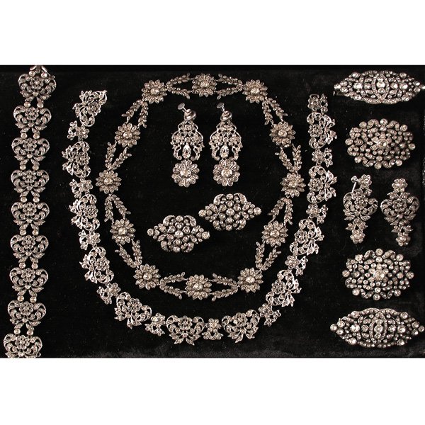 Lot of Victorian Paste Jewelry: VICTORIAN PASTE JEWELRY. Two necklaces, two pair of earrings, one bracelet, and six brooches.