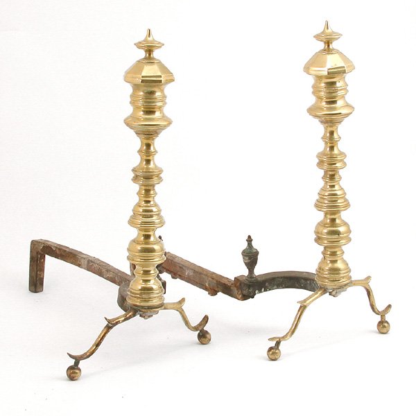 Pair of Empire Style Andirons: ANDIRONS. Pair of brass Empire style andirons, late 19th century on ball feet, 19"h x 18"l, in very good condition with repairs to dogs.