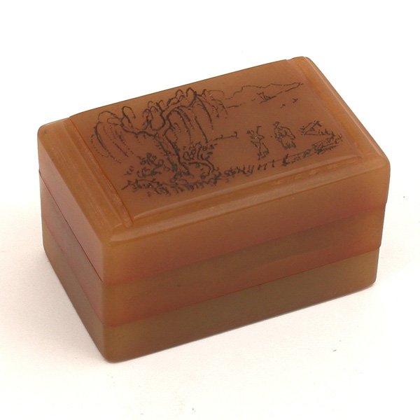 Chinese Soapstone Seals: SEALS. Chinese soapstone three layer box with two seals, etched top, box: 2"h x 3"w x 2"d, two repairs to lid edge.