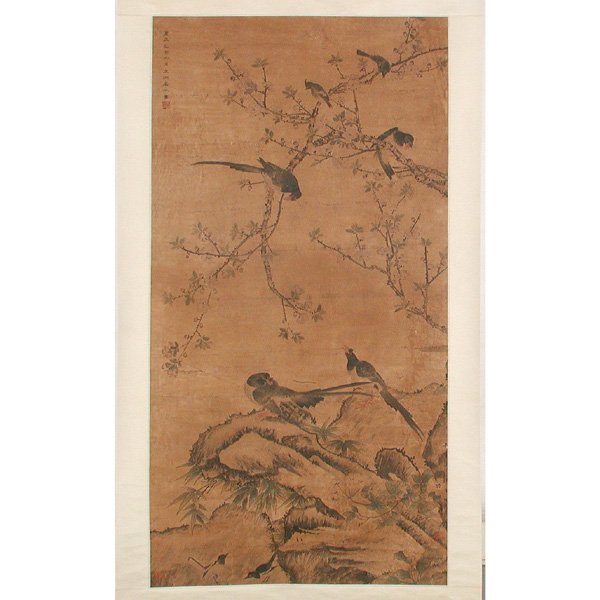 Chinese Silk Scroll Painting After Wang Yuan (1271: PAINTING. Chinese silk scroll painting after Wang Yuan (1271-1368), hanging scroll, ink and watercolor on silk, inscribed and signed "Wang Yuan Ruoshui hua" dated "ji you" (1345) with one seal of the