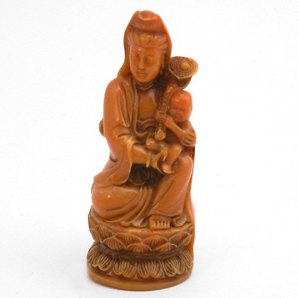 Chinese Soapstone Figure of Guanying, early 20th c: CARVING. Chinese Soapstone Figure of Guanying, early 20th c. The goddess seated on a lotus petal plinth holding a young boy carrying a Ruyi scepter in his hands, the smoothly polished stone of rich go
