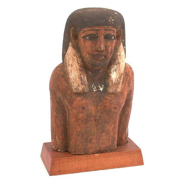 Carved & Gessoed Wood Egyptian Style Figure: FIGURE. Carved and gessoed wood Ancient Egyptian style figure, 13"h, cut from full figure, lacking false beard, in good overall condition.