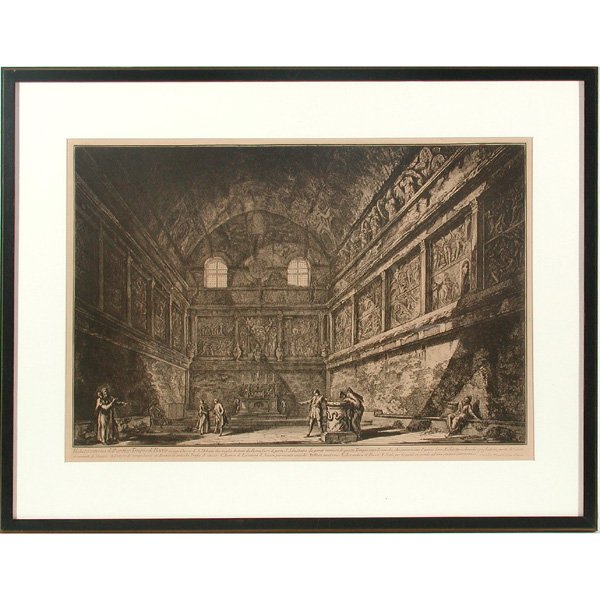 Engraving of Roman Ruins : PRINT. Engraving of Tempio di Bacco after Giovanni Battista Piranesi (Italian 1720-1778), inscription in lower border, 17"h x 24"w, sight size, in good condition.