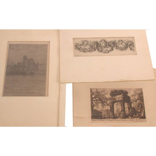 Lot of Prints: PRINTS. Three prints consisting engraving on paper "Lower New York IN a Mist", by Henry Wolf, 9"h x 6 1/4"; etching of Roman ruins by Giovanni Piranesi; 5 1/2"h x 7 3/8"w; book plate Roman ornament, b