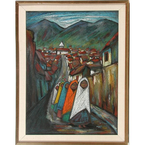 Pastel Figures by Arturo Nieto: PAINTING. Pastel on paper by Arturo Nieto (Ecuadorian, 20th century), Otavalo Tribe figures on a road leading out of a village, unsigned, documents affixed verso, sight size: 25 1/4" x 18 1/2"w