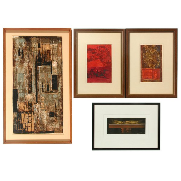 John Ilhe, Dorothy Bowman & K. Honda Prints,4: PRINTS. Lot of 4 prints: 2 by John Ilhe, 1 Dorothy Bowman, '56, "Vertical City", and 1 K. Honda, "Three Wheat". Very good condition, largest 36" x 18" (Bowman).