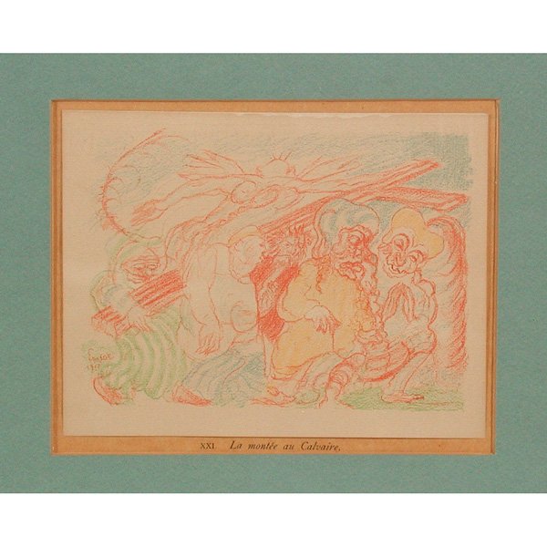 Color Lithograph by Ensor: PRINT. Color lithograph "XXC La montee au Calviare" by James Ensor (Ostende, 1860 - 1949) signed and dated 1917 in plate, 6 3/4"h x 8 7/8"w sight size, in very good condition.