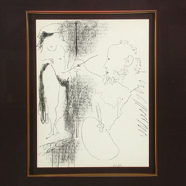 Lithograph after Picasso: PRINT. Lithograph after Pablo Picasso (1881-1973) titled "Le Peintre Et Son Modele", 11 3/8"h x 9 3/8"w, in very good condition.