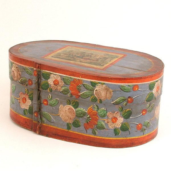 Scandinavian Decorated Box: DECORATED BOX. Late 19th century Scandinavian hand decorated oval storage box with floral painted sides and adhered chromolithograph panel on top, 8"h x 17"w, in good condition