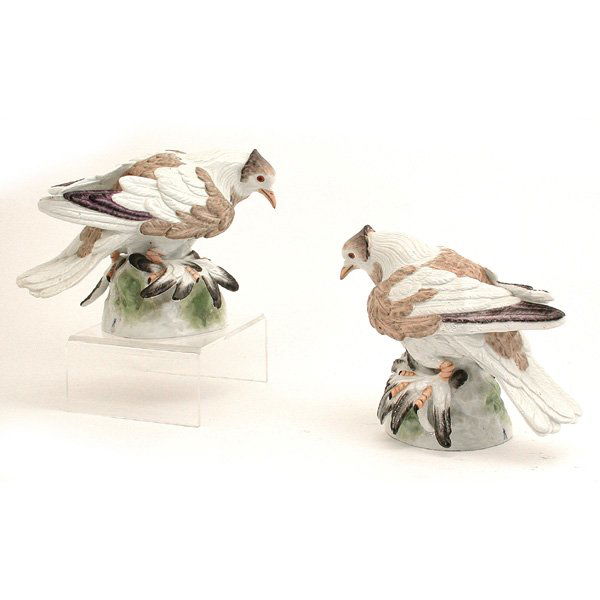 Pair of 19th Century Porcelain Birds: FIGURES. Pair of opposing 19th century polychrome decorated porcelain birds, perched atop a naturalistic bases, blue crossed sword underglaze mark to rear side of base, Samson, 8"h x 11"l, one has los