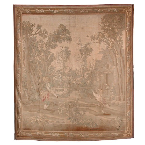 Aubusson Tapestry After Francoise Boucher, 18th. : TAPESTRY. Aubusson tapestry after a design by Francoise Boucher depicting a primitive village scene, annotated lower right and dated 1747, good condition, 106" x 96 1/2".