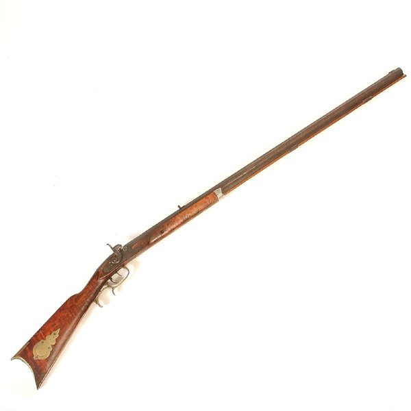 Kentucky Long Rifle: RIFLE. Kentucky long rifle with octagon barrel, tiger maple stock, percussion cap with lockplate stamped "Leman Lancaster, PA", overall length 55", in good condition, pitting on barrel, stock has piec