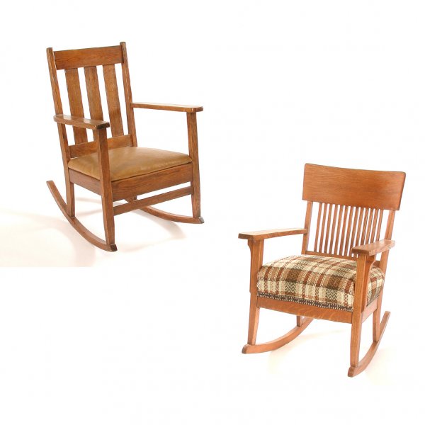Arts and Crafts Oak Rocking Chairs: CHAIRS. Two arts and crafts oak rocking chairs, one with a wide, horizontal crest rail supported by narrow vertical splats, with quartersawn arms and supports, tweed fabric upholstered seat, the other