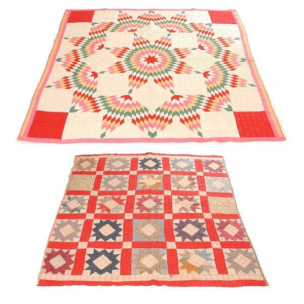 Two Patchwork Quilts: QUILTS. Two early 20th c. hand sewn quilts, Star Quilt, 86 1/2" x 83" and Dowry quilt, 79 1/2" x 69", the star quilt in good condition, the dowry quilt with stains, a few rips, and wear.