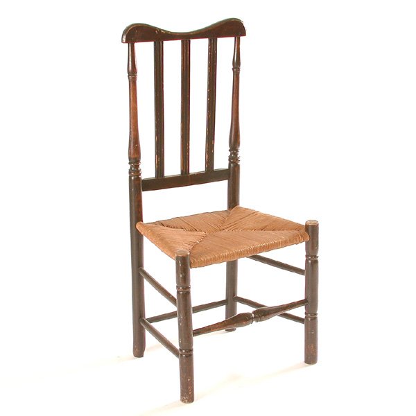 Queen Anne Side Chair: CHAIR. American period Queen Anne side chair decorated in brown paint, having bowed crest and rush seat, with spindle turnings and sausage turned legs, 40"h x 19"w x 15"d, later seat, some losses to p