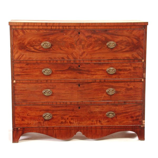 New York Hepplewhite Chest of Drawers: CHEST. Mahogany New York Hepplewhite chest with reverse graduated drawers having matched crotch mahogany panels, white pine secondary wood, the whole rising on bracket feet, 41 1/4"h x 46 1/2"w x 22"d