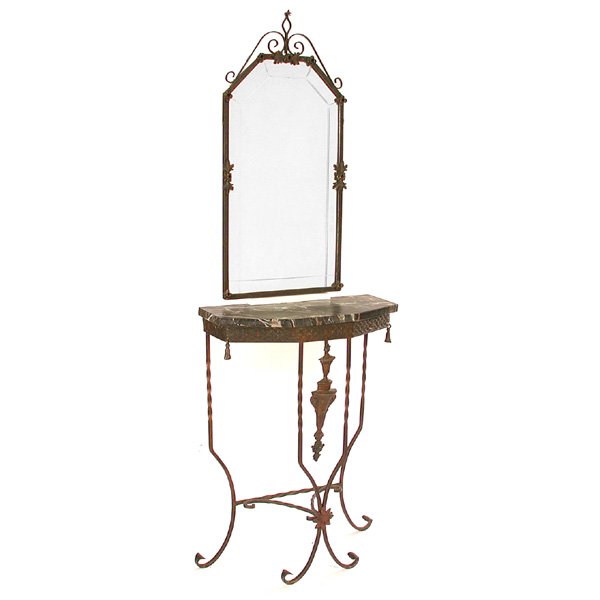 Art Deco Wrought Iron, Marble Top Console & Mirror: CONSOLE. Diminutive art deco wrought and cast iron console table with mirror, the mirror with ornate crest and applied flowers, above console with grey variegated marble on interlace motif apron cente