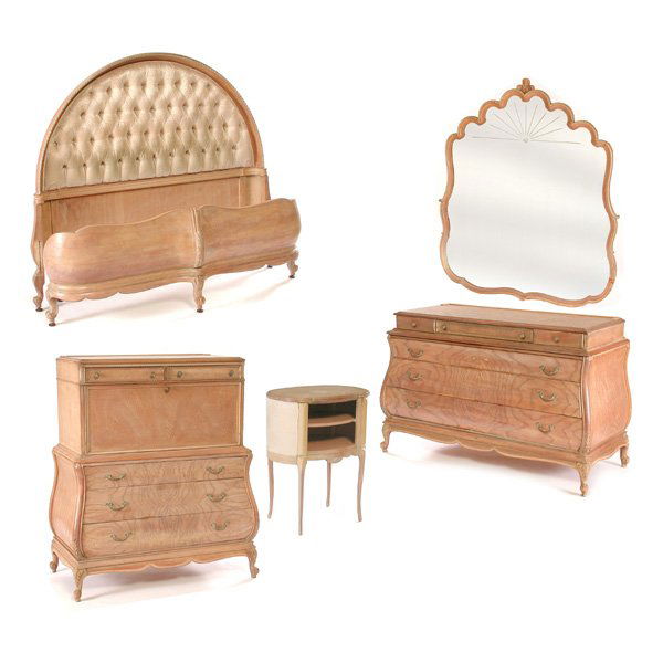 Art Deco Bedroom Set: BEDROOM SET. Art Deco bombe form Japanese ash bedroom set comprising of a tall chest with drop front desk, 49"h x 42"w x 23"d, a lady's dresser, 34"h x 54"w x 23"d, with large wall mirror, 53"h x 48"w