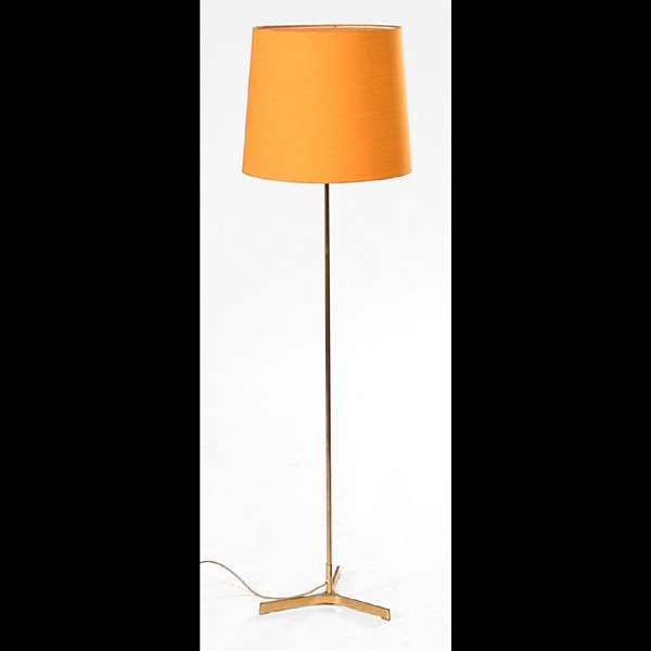 Danish Mid-Century Diminutive Brass Floor Lamp: LAMP. Danish modern brass floor lamp having tangerine fabric drum shade with a crown panel, with diminutive support and tripod base, overall size 43 1/2"h, in good condition, some staining to shade.