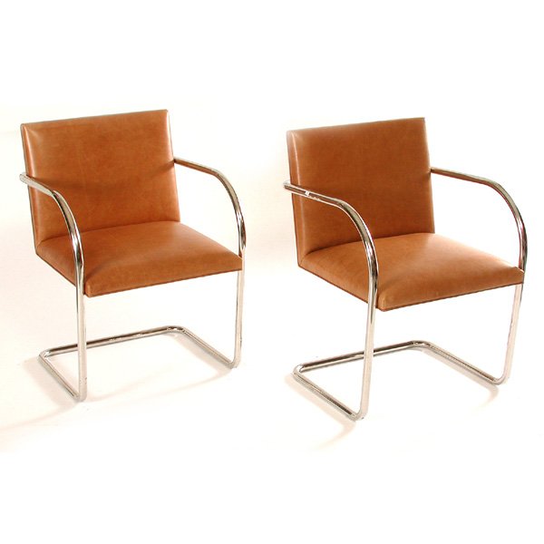Knoll Mies Van Der Rohe Armchairs: CHAIRS. Pair of mid-century modern armchairs by Mies Van Der Rohe for Knoll, having tubular chrome frames, cantilever design, and upholstered in brown leather, 32"h x 22"w x 22"d, in very good conditi
