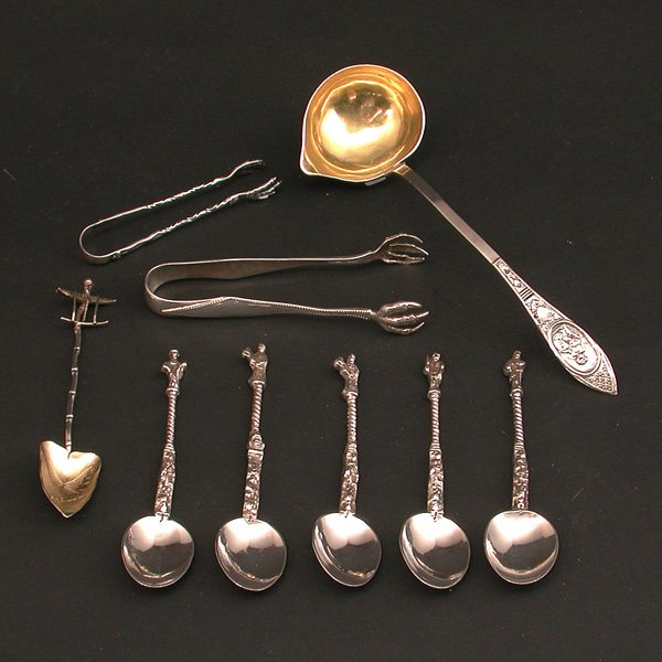 Sterling Demitasse Spoons and Tongs: FLATWARE. Assorted sterling items including five demitasse spoons by Lewis Lewis, London, date marks corresponding to 1897, with a pair of Whiting sugar tongs, a pair of ice tongs, and a commemorative