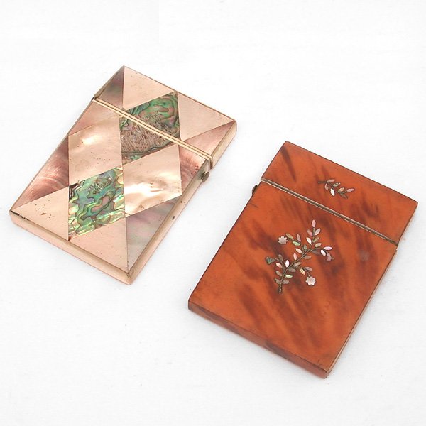 Abalone, Shell, Mother Of Pearl Card Cases: CARD CASES. Two card cases, one of tortoiseshell inlaid with mother of pearl motif, floral design, the other with abalone shell and mother of pearl diamond pattern, 4"h x 2 3/4"w, both in overall good