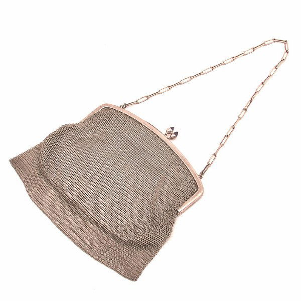 Sterling Silver Vintage Mesh Purse: PURSE. Sterling silver vintage mesh purse having blue glass bead clasp, lined interior, and chain handle, hallmarks to frame, 5"h x 6 1/2"w excluding handle, in overall good condition.