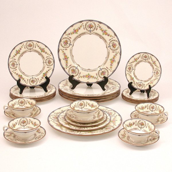 Mintons Hampshire Porcelain Service: PORCELAIN. English porcelain partial table service for six by Mintons, in the Hampshire pattern, comprising six each of service plates, salad plates, and bread plates, with five each of cups and sauce