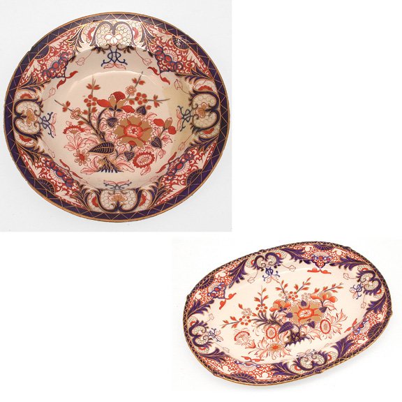 Royal Crown Derby Late 18th C. Export Porcelain: IMARI LOT. Royal Crown Derby late 18th c. export imari decorated porcelain platter, 2"h x 16"w x 13"d, and serving bowl, 2"h x 9 3/4"d, overall good condition, platter with staple repair, bowl with mi
