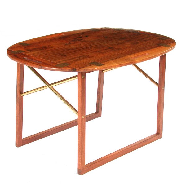 Danish Modern Rosewood Butler's Tray Table: TABLE. Danish Modern rosewood butler's tray table on stand with cross form supports, tag on underside: Illums Bollighus, 20"h x 35"w x 24"d, in overall very good condition.