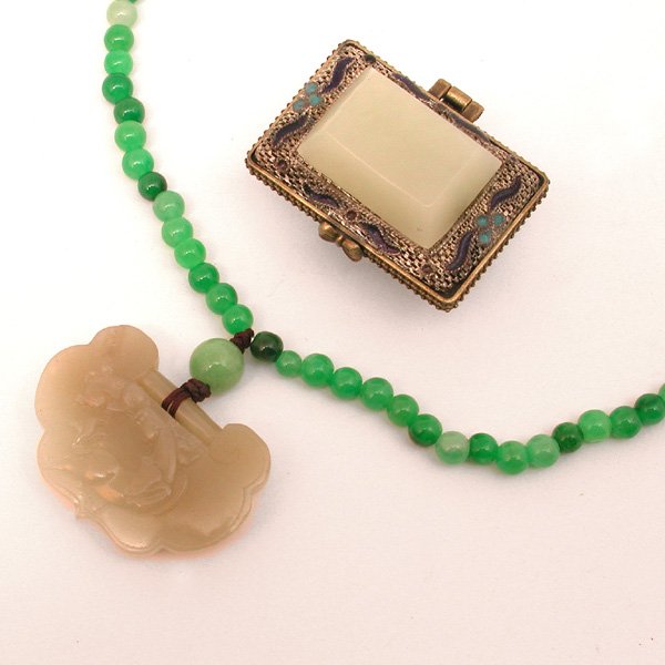 Chinese White Jade Lock And Fragrance Box: JADE LOT. Chinese white jade articles including a ruyi shaped lock with a carved horse and monkey to one side, floral sprigs to reverse, fitted with jadeite beaded necklace, the other a jade inlaid cl