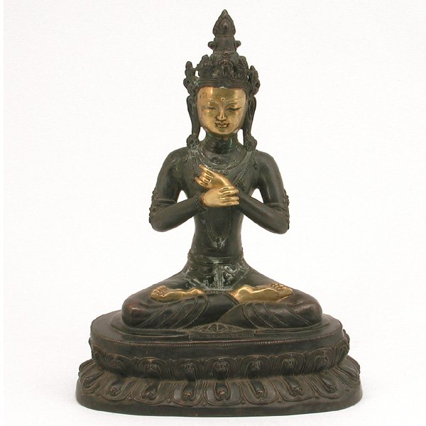 Tibetan 19th C. Partial Gilt Bronze Figure Of Tara: BRONZE. Tibetan 19th c. partial gilt bronze figure of Tara, shown seated in dhyanasana on a double lotus base wearing beaded necklaces,armlets and bracelets, her hair pulled up in a high chignon secur