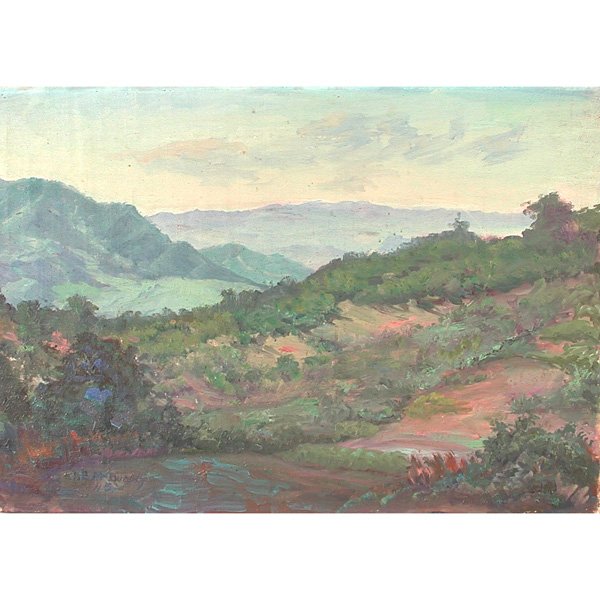 James Edwin McBurney Oil On Canvas: PAINTING. James Edwin McBurney, (Californian, 1868-1955) oil on canvas, unframed landscape, signed 'J. E. McBurney' and dated 1945 lower left, signed 'Mc B' verso, 14"h x 20"w, in overall condition.