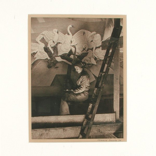 Photographs, Horace Bristol and Luke Fisher: PHOTOGRAPHS. Black and white photograph of a female muralist in profile painting swans, (image of the artist sitting with the mural she created for the San Francisco Zoo), bears signature in the margi