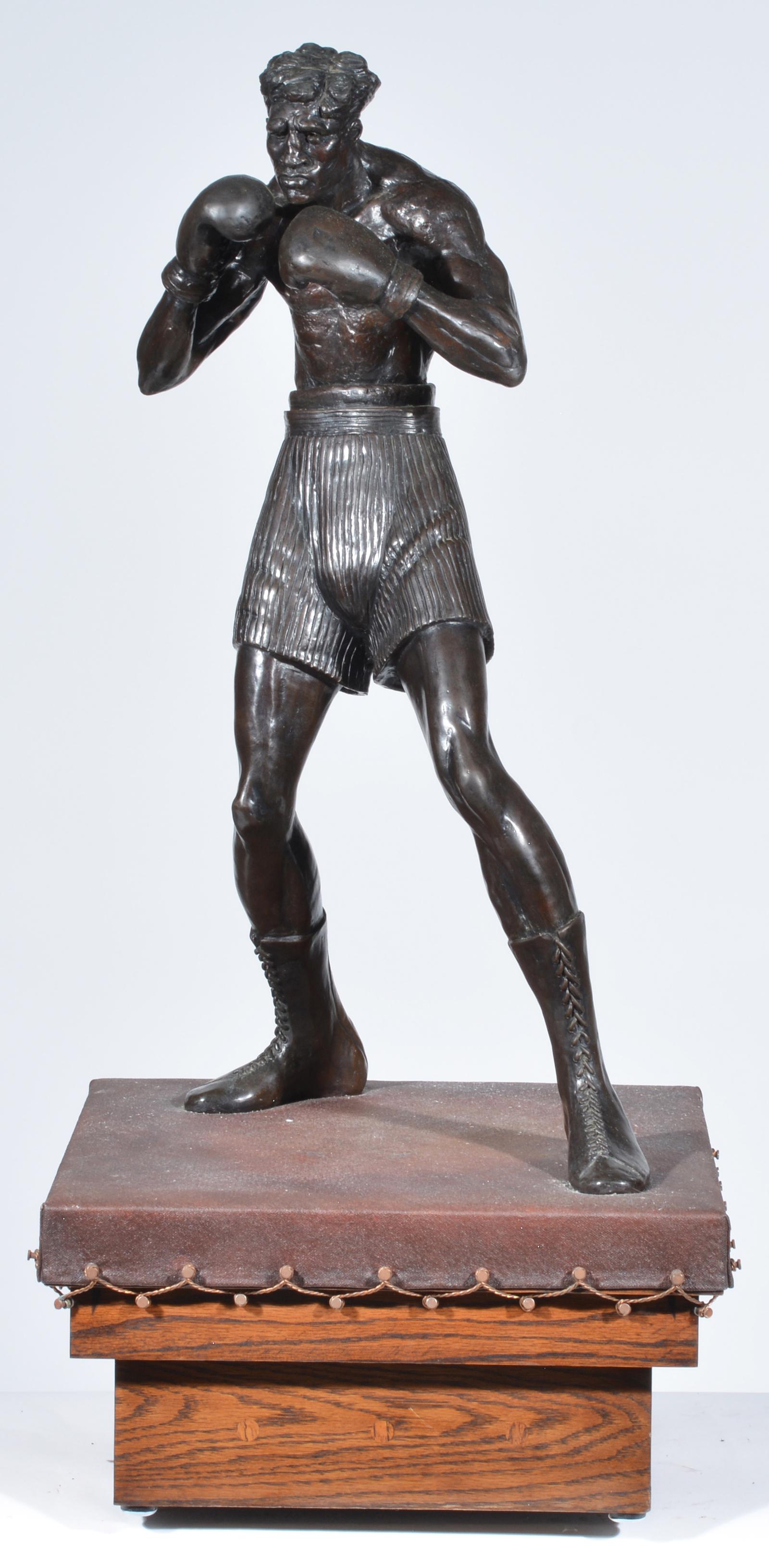 Emilio Loza, bronze sculpture of a boxer: Emilio Loza, bronze sculpture of a boxer on canvas topped oak plinth, signed and numbered "3/9" on foot. Overall: 35" h on plinth; bronze: 25" h, plinth measures 15" square, in very good original cond