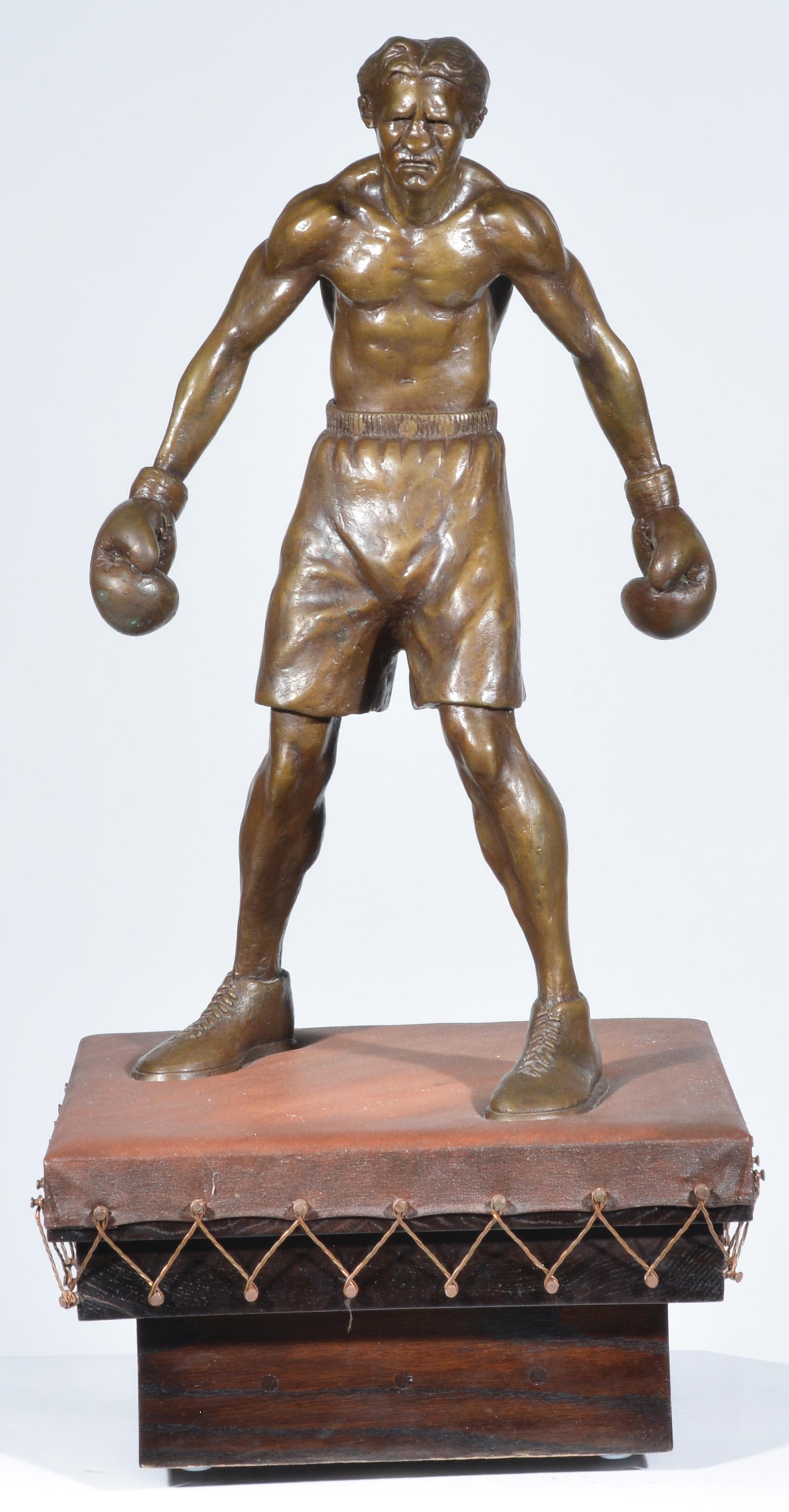 Emilio Loza, bronze sculpture of a boxer: Emilio Loza, bronze sculpture of a boxer on canvas topped oak plinth, signed and numbered "AP 8" on foot. Overall: 30 1/2" h on plinth; bronze: 23" h, plinth measures 15" square, in very good original