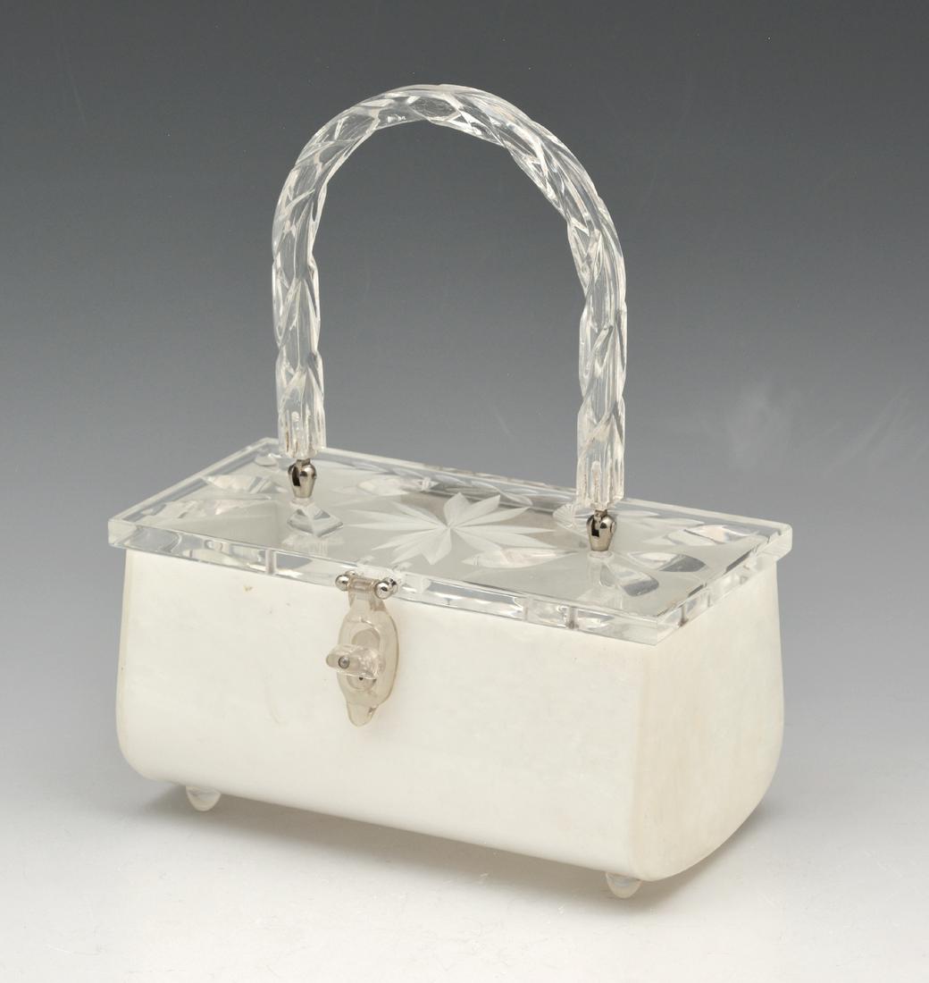 Mid Century Rialto Pearl Lucite Box Handbag: Mid Century Rialto Pearl Lucite Box Handbag. Clear, carved Lucite top and handle, pearl marbled base, approx. 9 1/4" tall with handle x 7 1/2"w x 4"d. Very good condition.