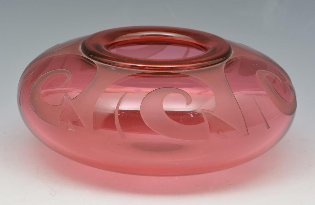 Steven Correia Etched Rose Colored Art Glass Bowl (1 of 3)