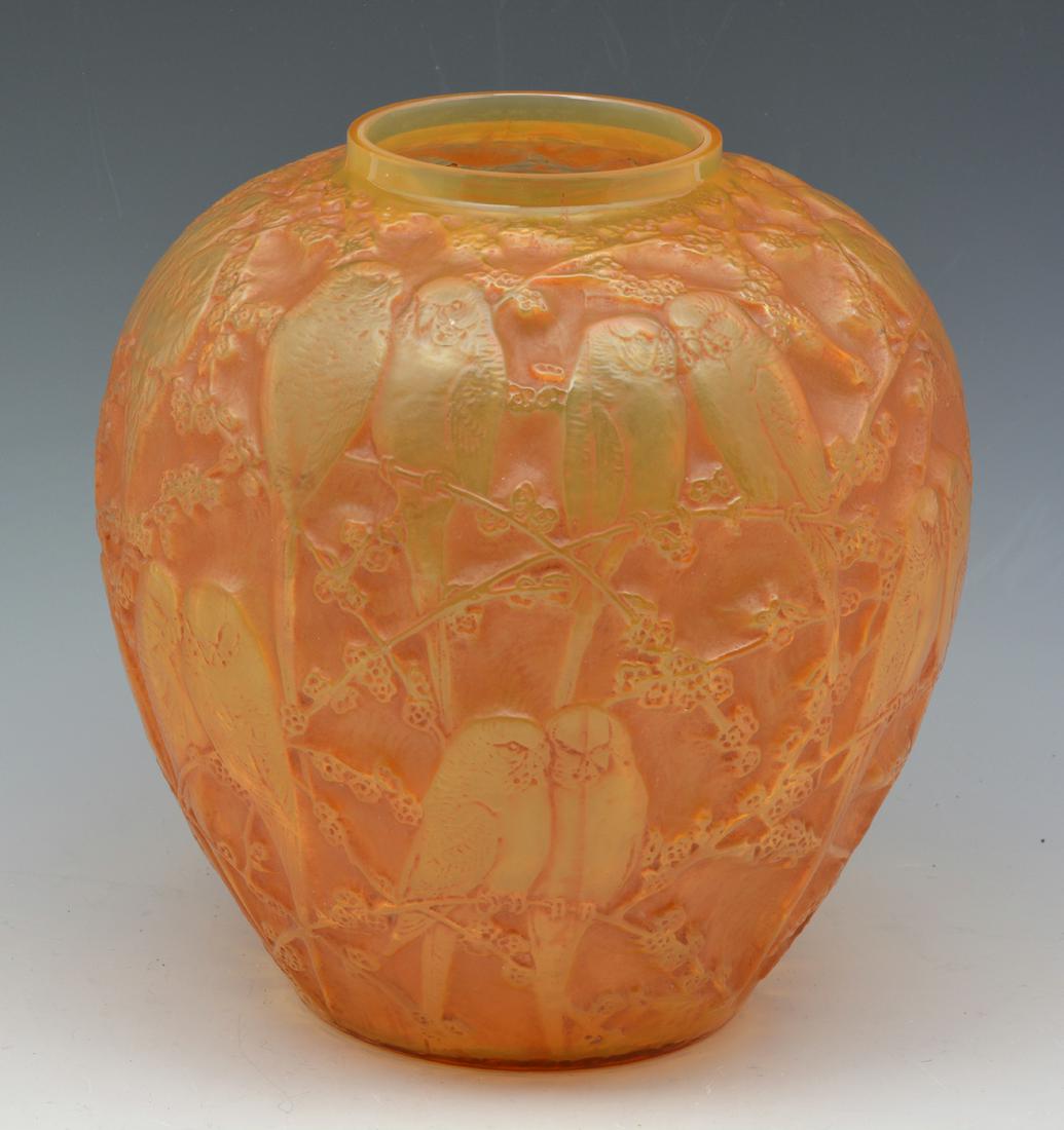 R Lalique Perruches Vase, 10" tall. (1 of 6)