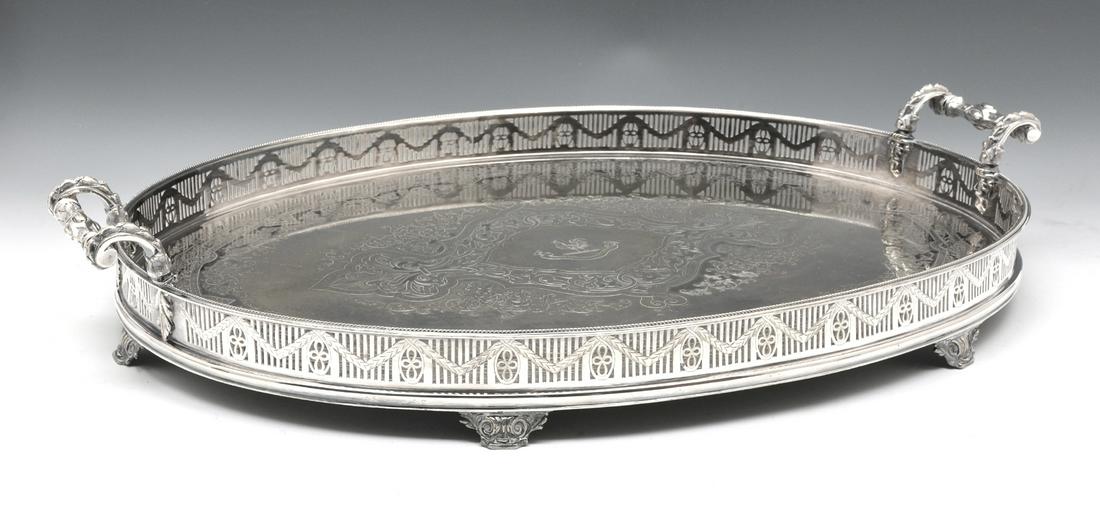 English silver plated gallery tray, hand engraved (1 of 4)