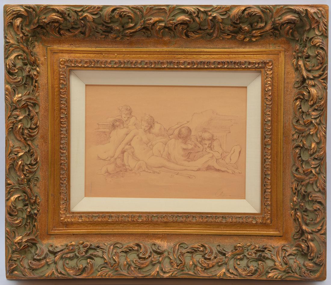 Continental school drawing, nude women with satyrs: Continental school drawing depicting nude women with satyrs, pencil on paper, indistinctly signed lower right, 9 1/8" x 13 1/8" (viewed), frame size: 21 3/4" x 25 1/2", in very good condition, not und