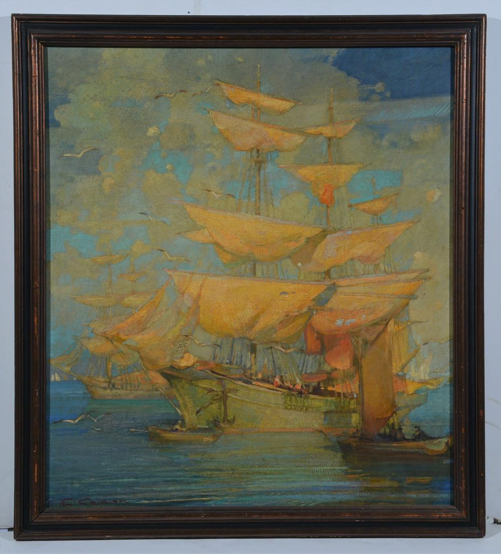 Ettore Caser, Ships at Dusk, Oil on Board: Ettore Caser, Ships at Dusk, oil on board and signed lower left. 36 1/2" x 33"; Frame:40 1/2" x 36 1/2". Good condition with minor paint loss center.